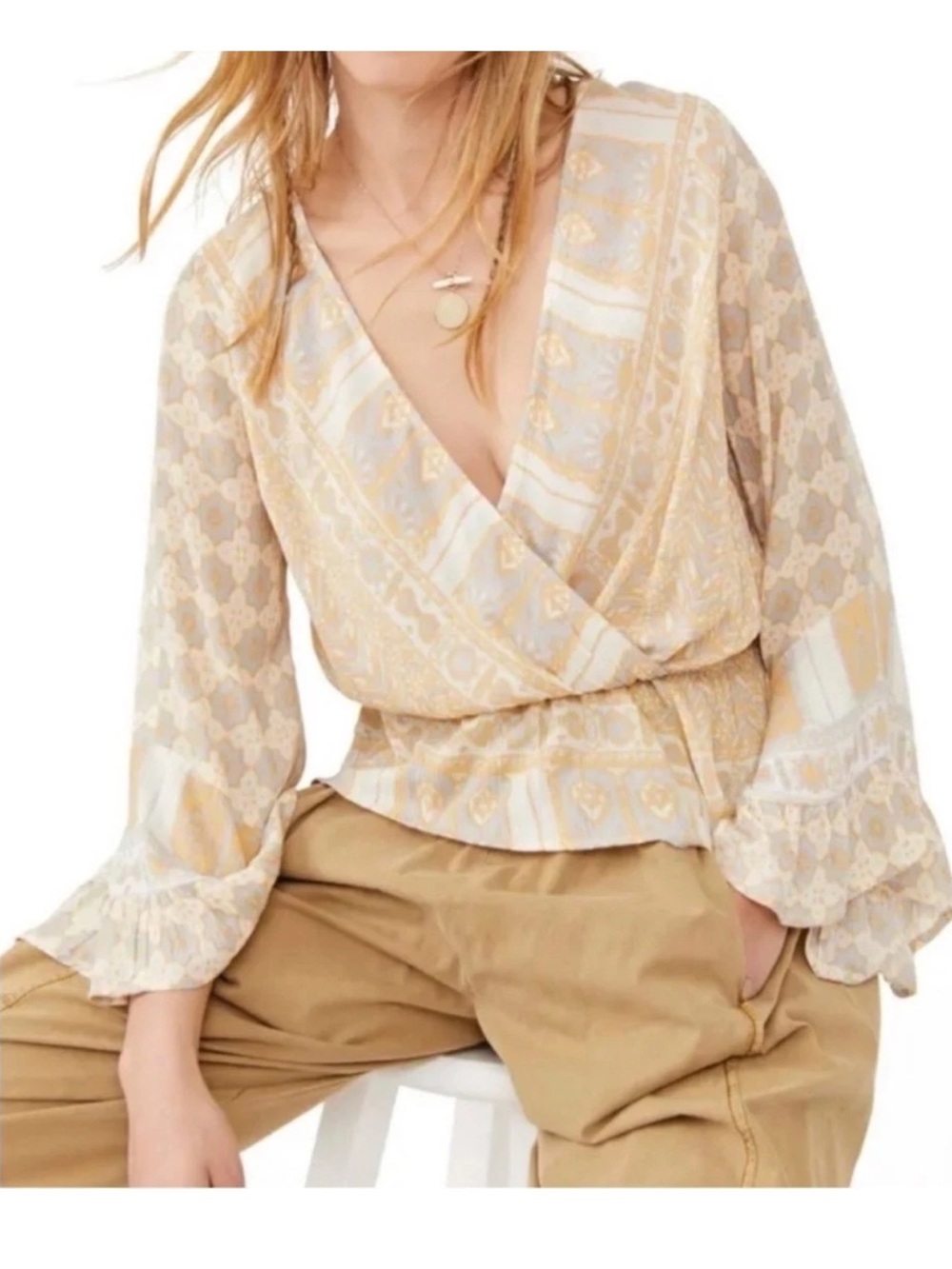 Free People Rosalie Wrap Blouse in Beige and Ivory Combo